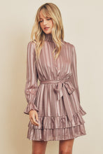 Load image into Gallery viewer, Satin Stripe High Neck Ruffled Dress
