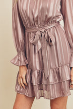 Load image into Gallery viewer, Satin Stripe High Neck Ruffled Dress
