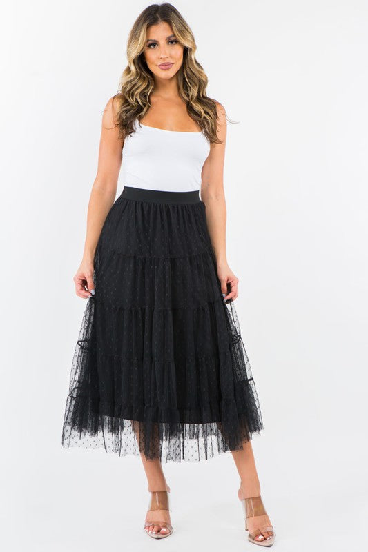 Tiered Dotted Tulle Midi Skirt